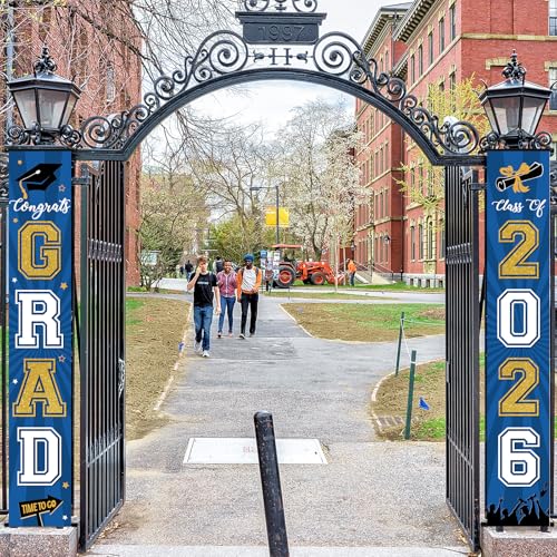 Image of Graduation Banner 2026 Graduation Decorations Blue and Gold Grad Banner Porch Sign Class of 2026 Door Decor Congrats Hanging Backdrop Blue Gold Grad Party Decor for School Congratulations Supplies