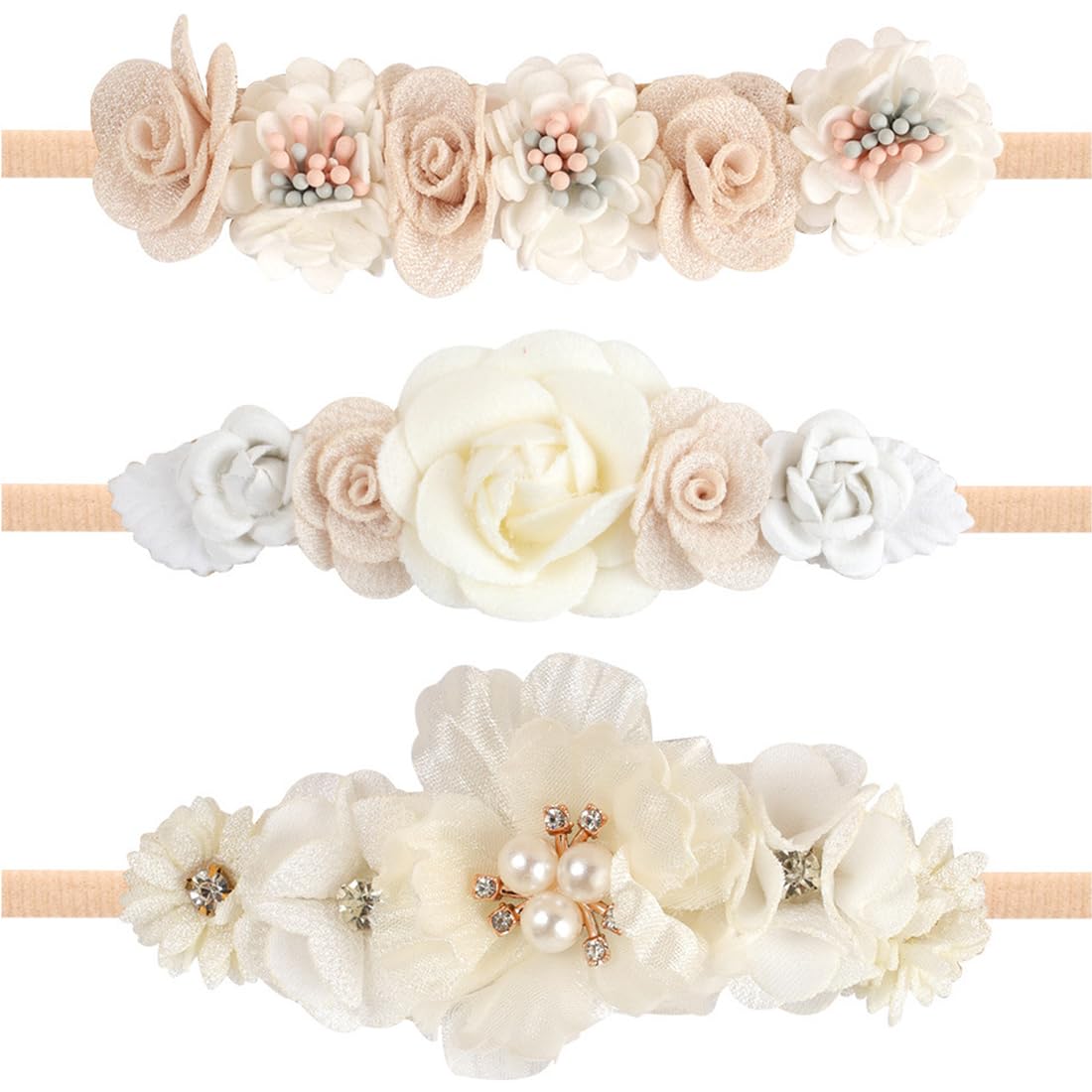 3 StückBaby Mädchen Nylon Stirnbänder Blume elastisches Haarband Schleifen Haarschmuck für Neugeborene Kleinkinder