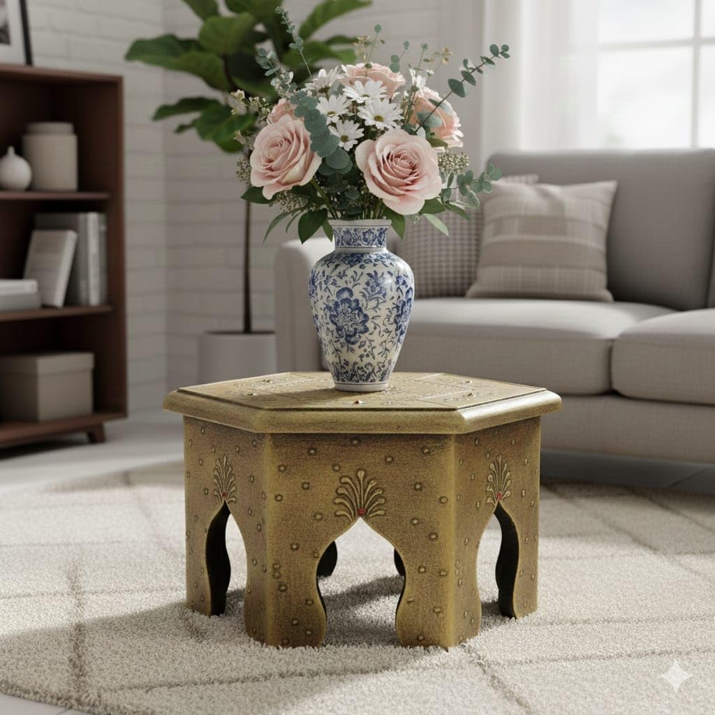 V.I.C. Handcrafted Octagonal Wood Pooja Stool, Antique Finish Decorative Side Table Traditional Indian Design for Living Room, Home Decor-image-20
