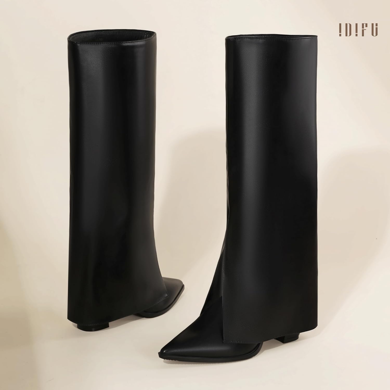 IDIFU Knee High Women Shark Boots Fold Over Tall High Chunky Heel Boots Pointed Toe Block Heeled Booties for Women Zip Up Dress Long Comfortable Cute Fashion Dressy Sexy Trendy Heel Booties Boots