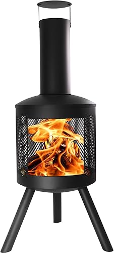 Miniatura 1 de Anyerosa Chiminea Chiminea - Chimenea de leña con tapa de lluvia, rejilla de troncos de hierro fundido para patio, patio trasero y jardín, acabado