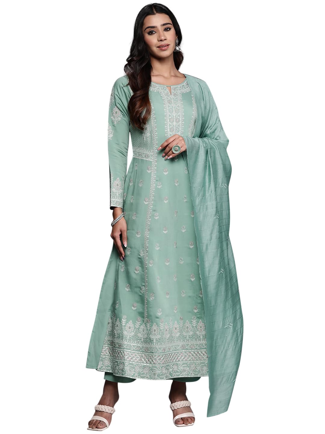 libas art Womens Embroidered Silk Blend A Line Kurta with Trousers and Dupatta Sea | Ethnic wear | Bridal Suit | Wedding Dress | Occasion wear-picture-42