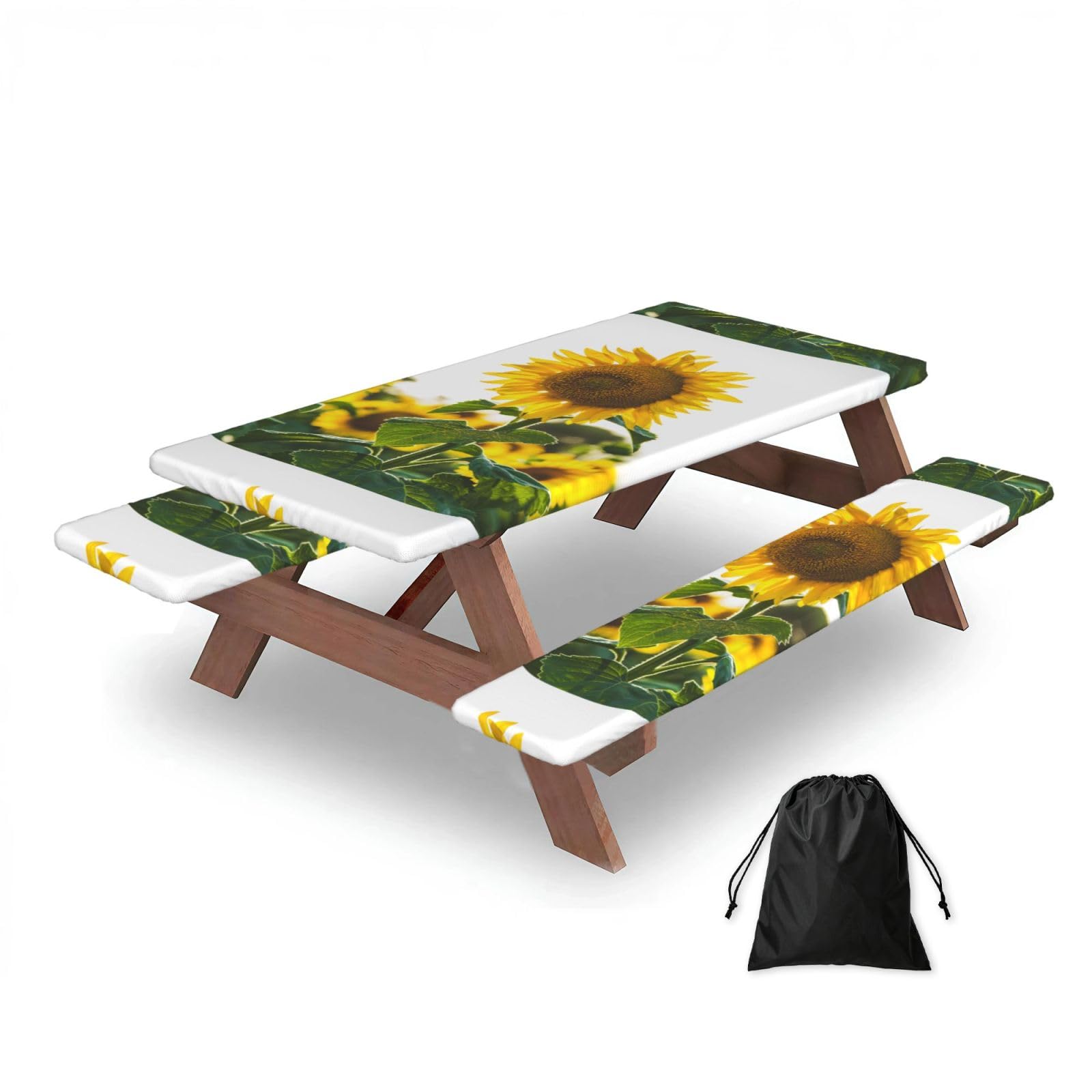Dopklna As Picture Sunflower, Picnic Table Cover With Bench Covers -Waterproof Elastic Fitted Tablecloth For Garden Camping Patio 76X152cm