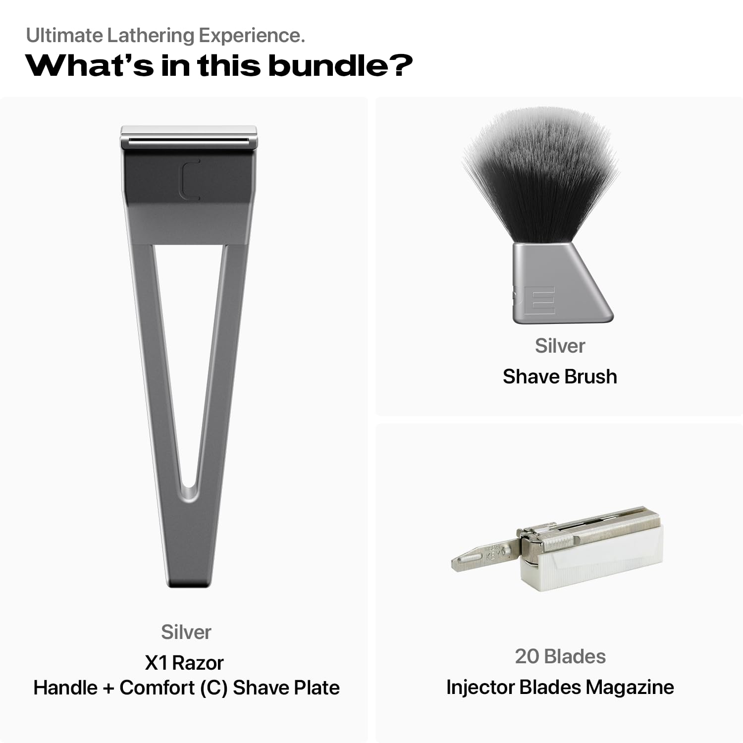 HYPE X1 Aluminum Single Edge Safety Razor | Super Lather Set - Magnetic Comfort(C) Shave Setting - 20 Non-Proprietary Blades, Aluminum Shaving Brush - Reusable Shaving Razor for Men & Women - Silver