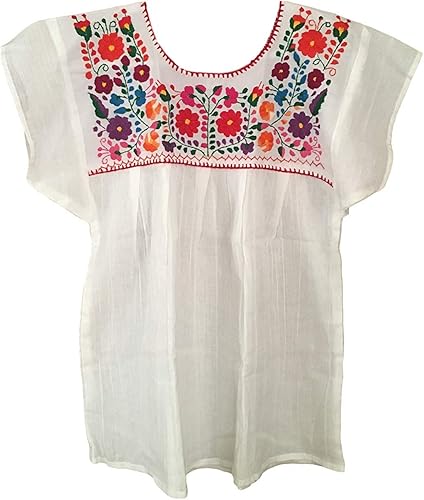 Blusa Campesina Mexicana Floral - Blusa Tehuacán Bordada - Hecho a Mano en México - Blusa Campesina Poblana Mexicana - Blanco