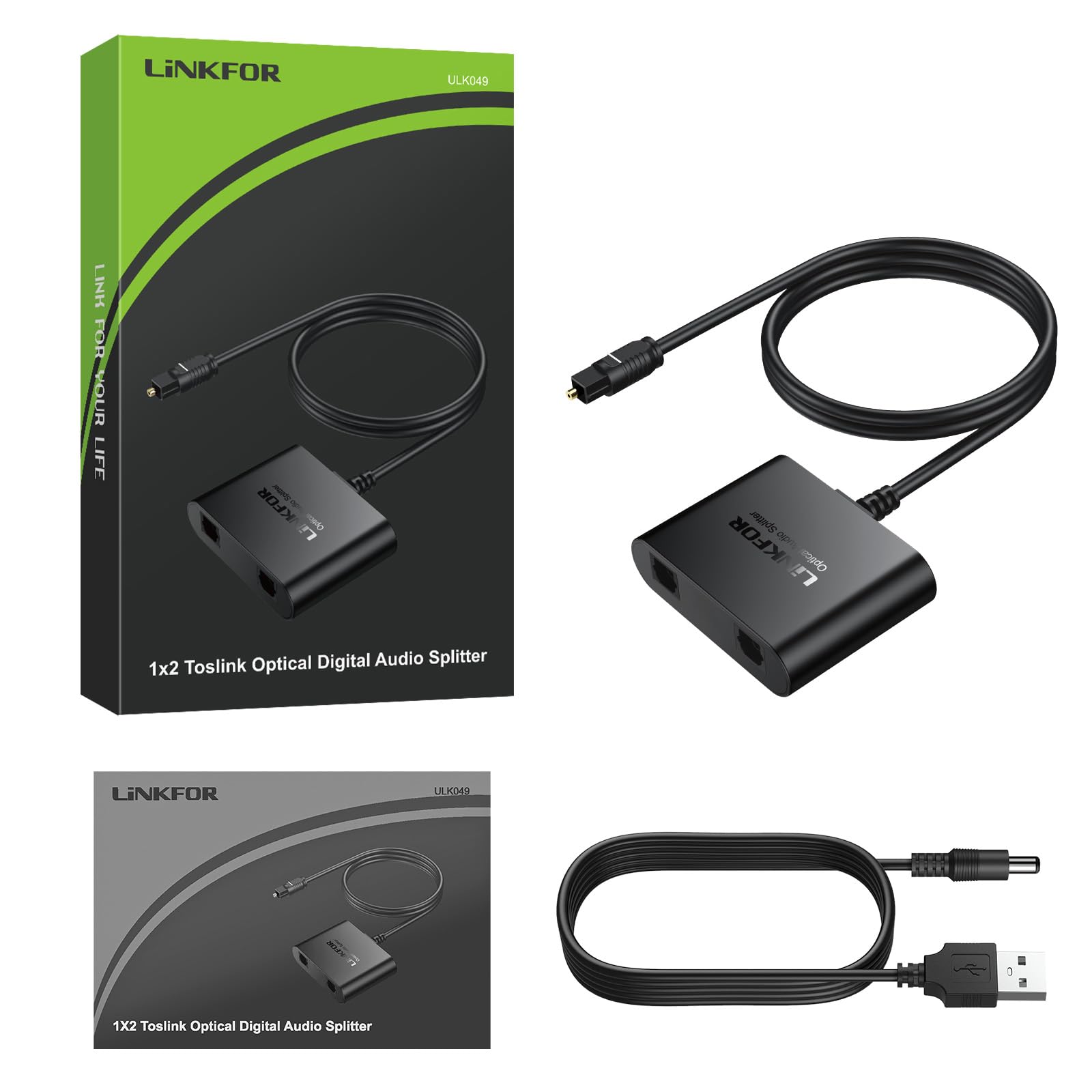 LiNKFOR Répartiteur Optique Toslink 1 Entrée 2 Sorties Câble Intégré 1m Actif avec Alimentation USB Chipset Stable Support LPCM/DTS/Dolby Digital Transmission 40m Pour Barre de Son et Casque Sans Fil