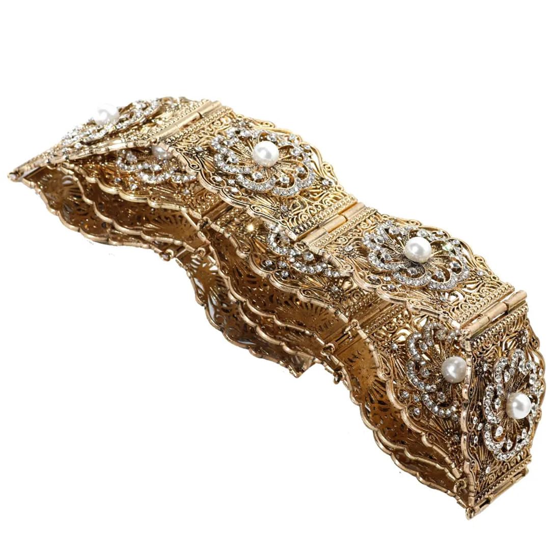 Wvapzxx Cinturón de metal para mujer, color dorado envejecido, con diamantes de imitación y perlas artificiales, estilo marroquí