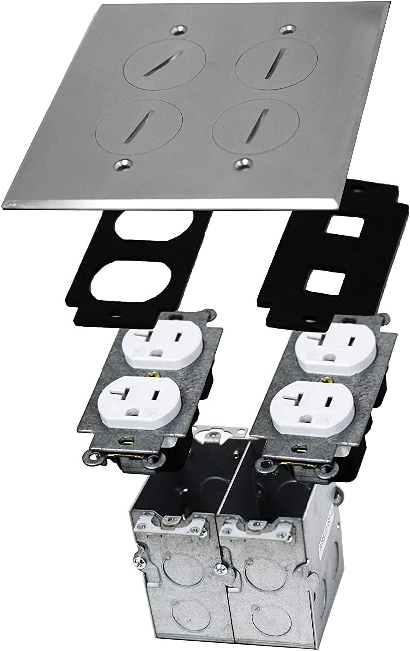 Enerlites Stainless Steel Screw Cap Weather Resistant Floor Box Kit with 1-Gang 20A Duplex Receptacle and 2-Gang 20A Duplex Receptacle