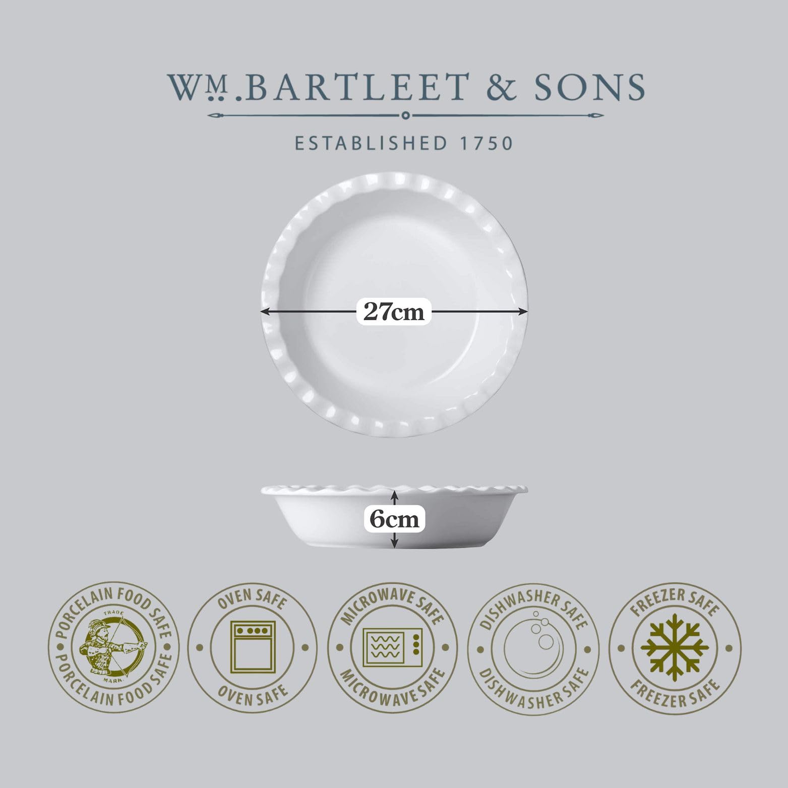 Wm Bartleet & Sons Traditionelle Kuchenform aus Porzellan, rund, mit gewelltem Rand, weiß, 27 cm