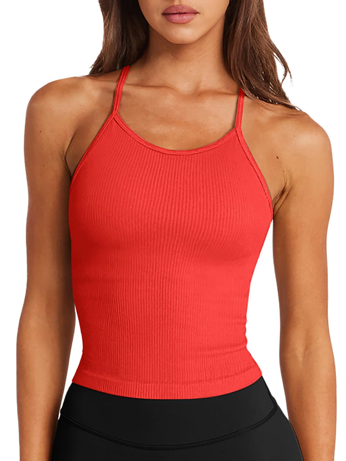 LASLULU Womens Sports Bra Seamless Long Crop Tank Racer Back Spaghetti Strap Workout Yoga Bra Padded Halter Neck Casual Tops