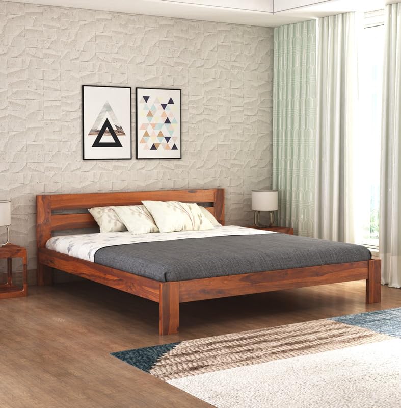 Image of Solid Sheesham Wood King Size Bed Without Storage | Wooden Double Bed Cot Bed for Bedroom Furniture | Palang Double Bed for Hotels | Honey Finish
