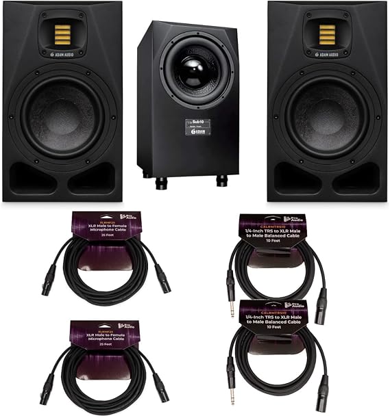 ADAM Audio A7v 2.1 Bundle (7 Items) | 2x A7v Monitors, 1x SUB10 MK2 Sub, Focusproaudio Xlr 25ft and Trsxlr 10ft, A7v 41hz-42khz, Sub -3db 25hz, (2 Pack)