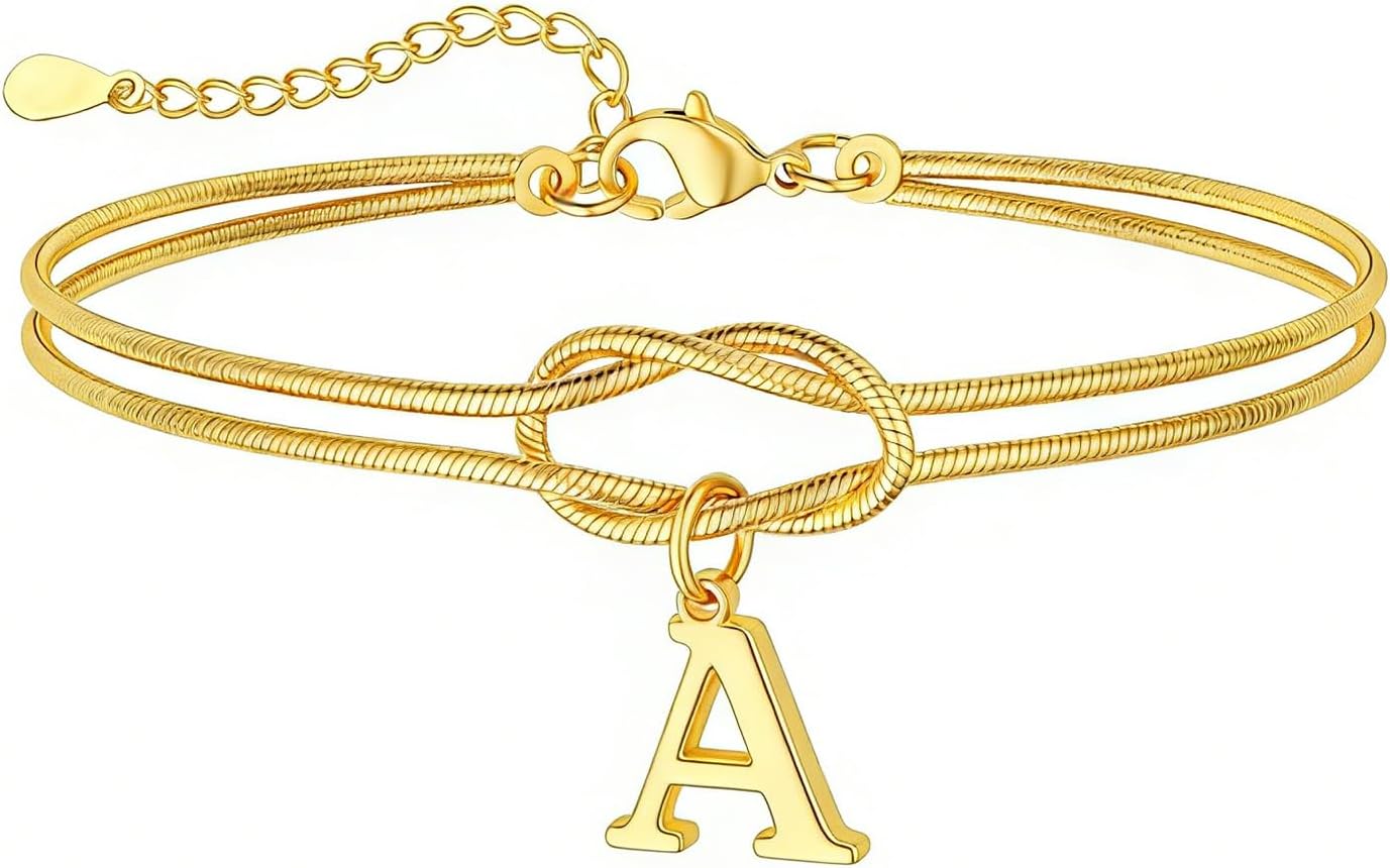 WEDDINEN Love Knot Bracelet A-Z Letter Initial Bracelets for Women Adjustable Bond Knot Gold Minimalist Bracelet Couples Friendship Christmas Lover Gift