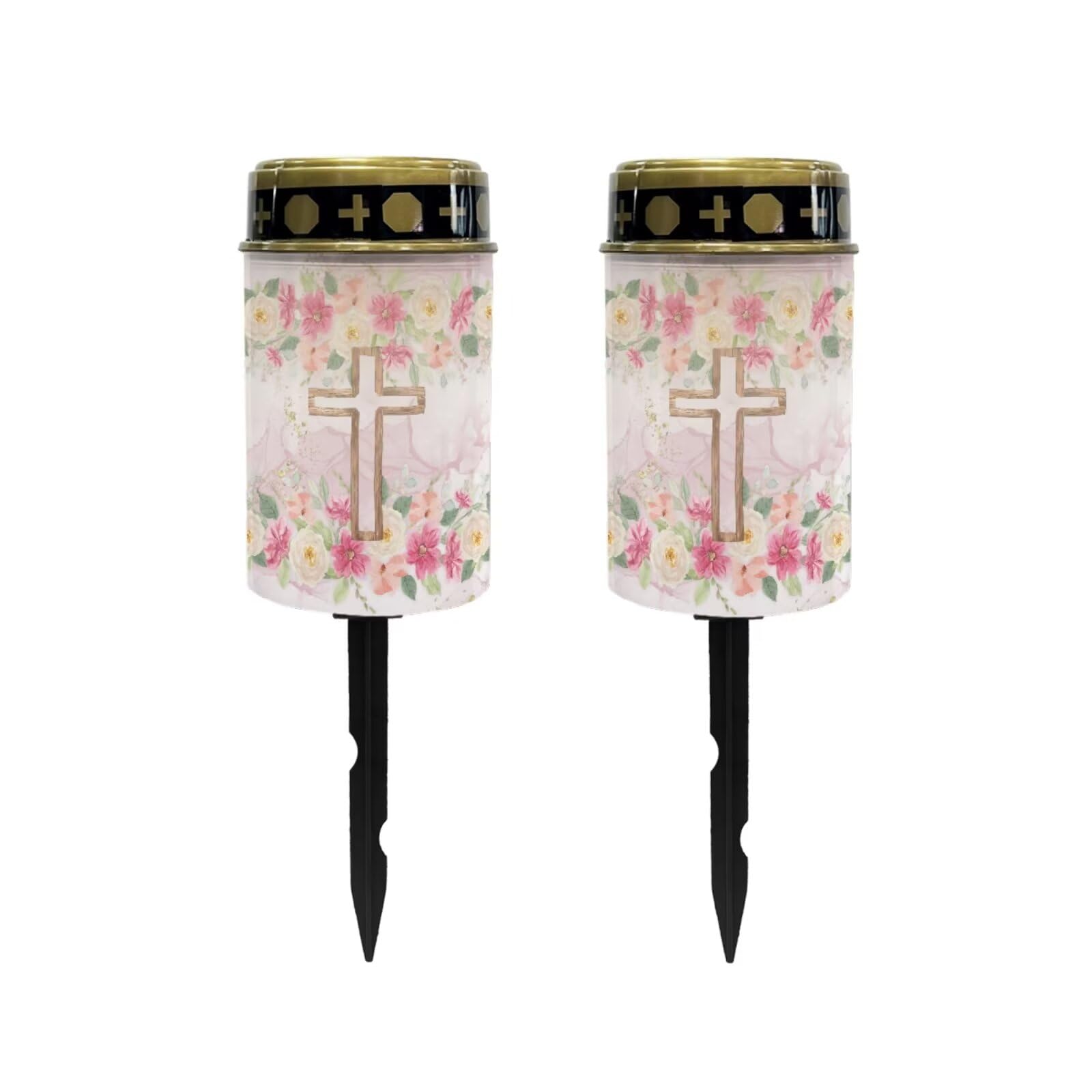 Poceacles Cross Solar Outdoor Lights Solar Grave Lights Solar Cemetery Candles LED Automatic Flameless Candles Cemetery Outdoor Solar Lights for Loss of Dad, Pink Floral Cross, Pack of 2