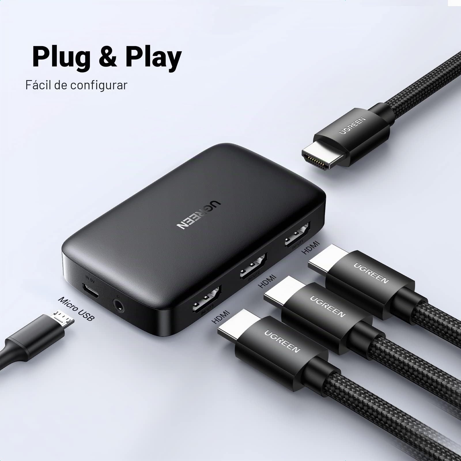 UGREEN HDMI Switch 3 Entradas a 1 Salida, Conmutador 3D 4K@30Hz, Ladron con Mando a Distancia Compatible con PS4 PS5 Xbox Chromecast DVD BLU-Ray Satélite PC TV Stick Box