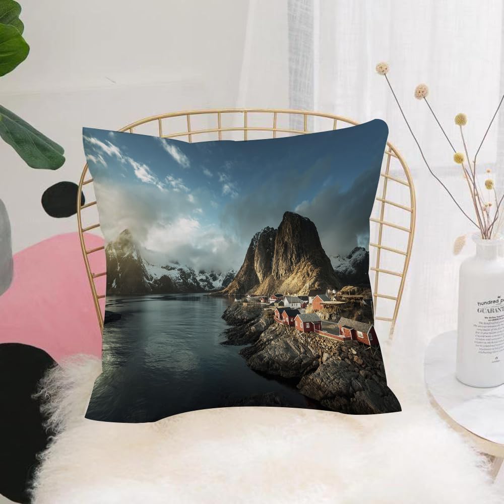HYOSXW Cushion Cover,Throw Pillow Case Home Decorative for Living Room Bedroom Sofa Chair 16X16 Inch,Fishing hut at spring sunset - Reine Lofoten islands Norway,Pillowcase 40X40cm
