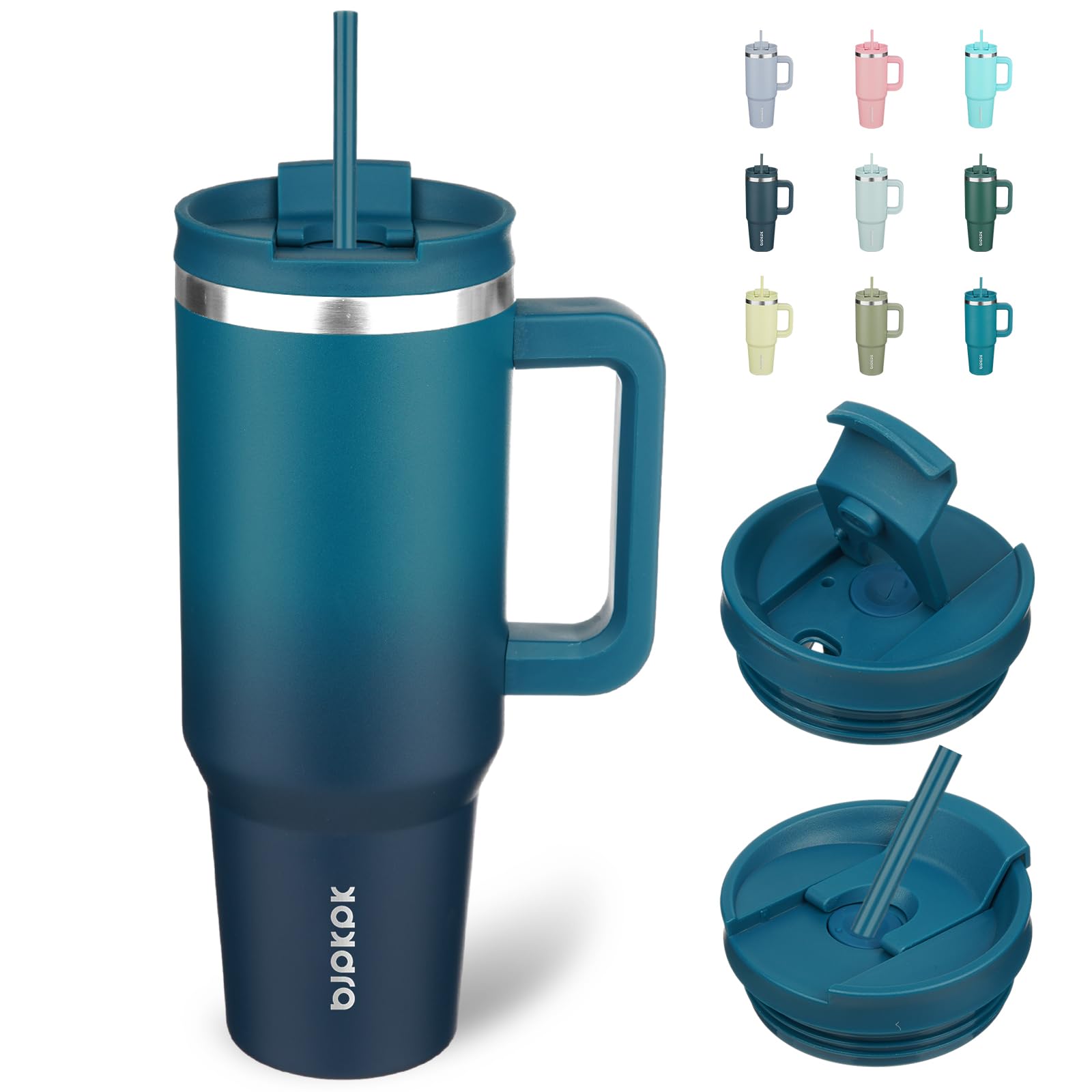 BJPKPK 1200 ml Isolierter Edelstahl-Becher mit Griff, Deckel und Strohhalm – Wiederverwendbarer Thermobecher für Reise, Kaffee und Tee, Indigo Schwarz