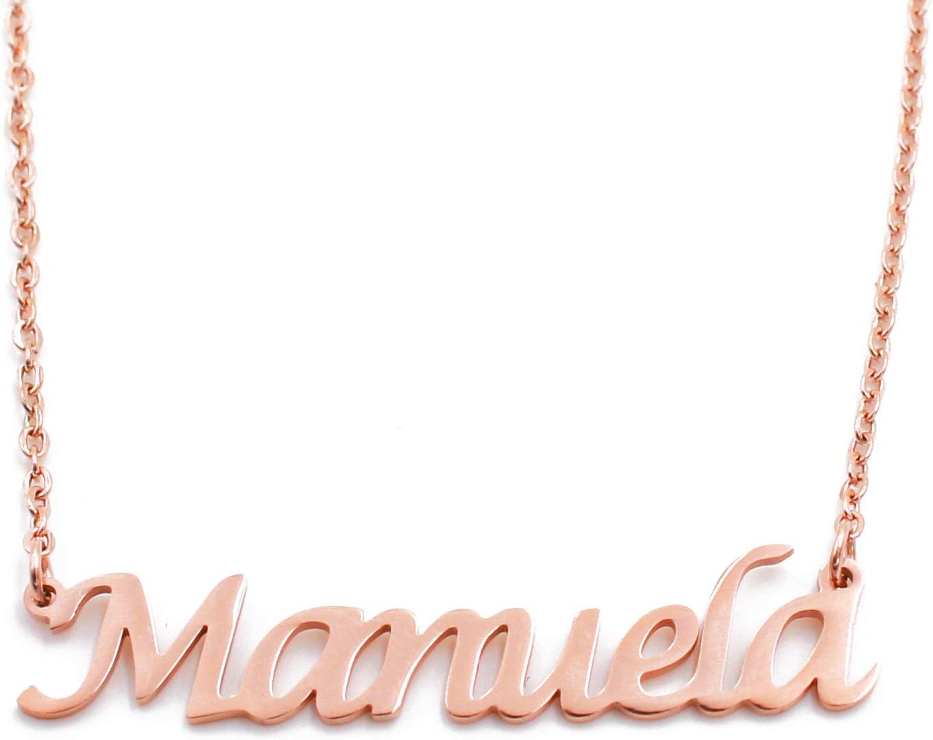 Kigu Manuela Name Necklace Personalised 18ct Rose Gold Plated, Custom Dainty Name Pendants, Jewellery for Ladies, Girlfriend, Mother, Sister, Friends Inc Bag & Box