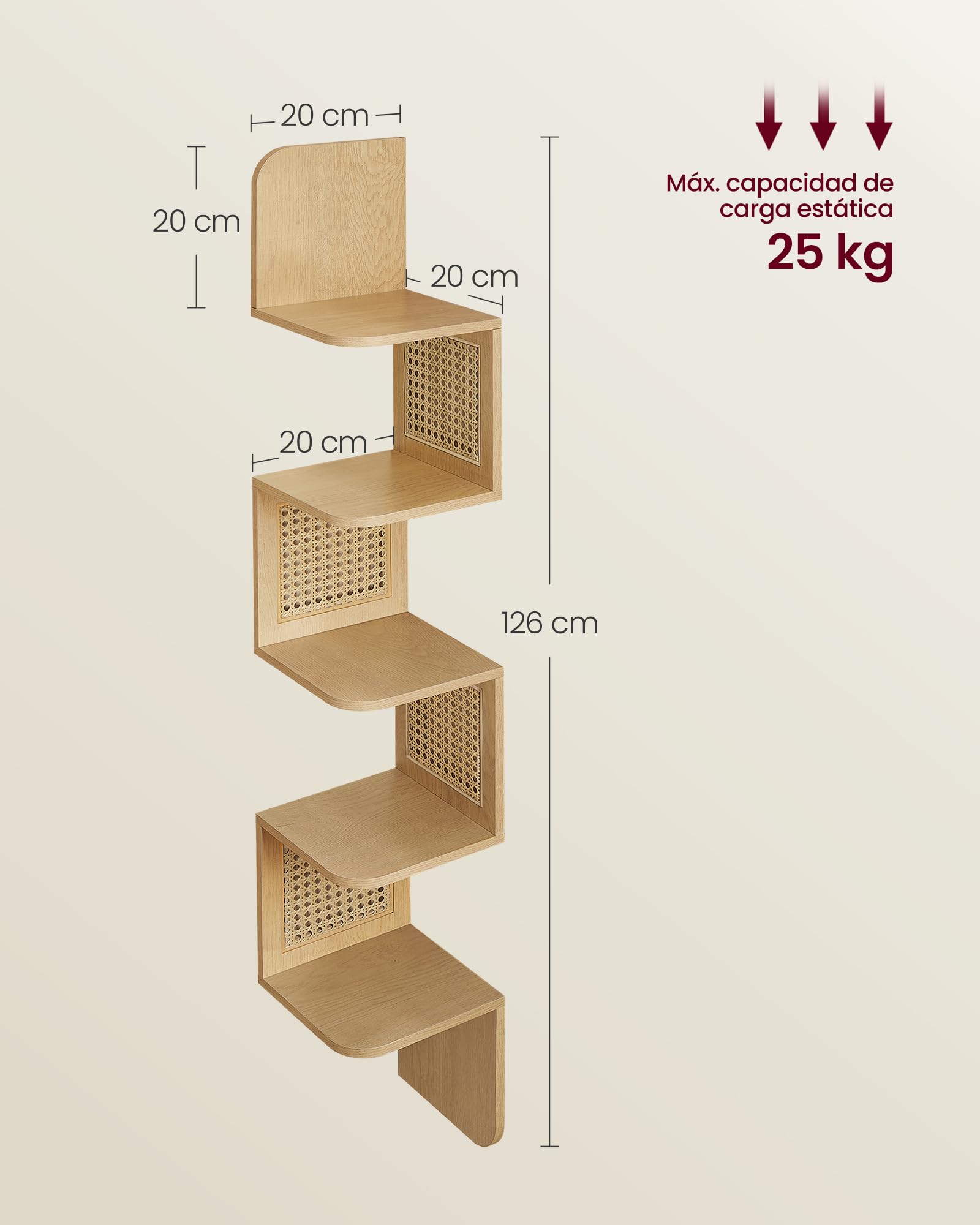 VASAGLE Estantería de Esquina, Estantería Flotante de 5 Niveles, Estantería Zigzag Montada en la Pared, Laterales de Ratán de PVC, Cocina, Dormitorio, Salón, Estilo Boho, Beige Roble LLS582Y57