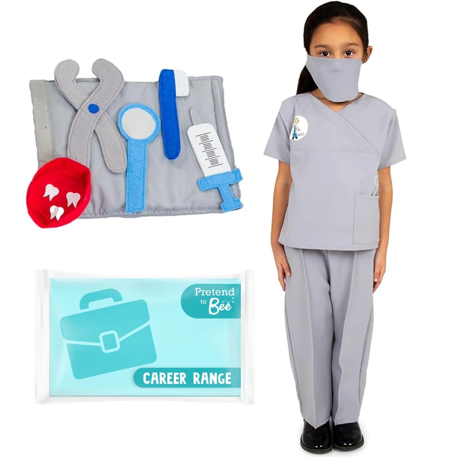 PRETEND TO BEE Dentist Dress Up Bundle, Costume for Kids with Soft Play Dentist Tools, Grey, Ages 3-5 Years