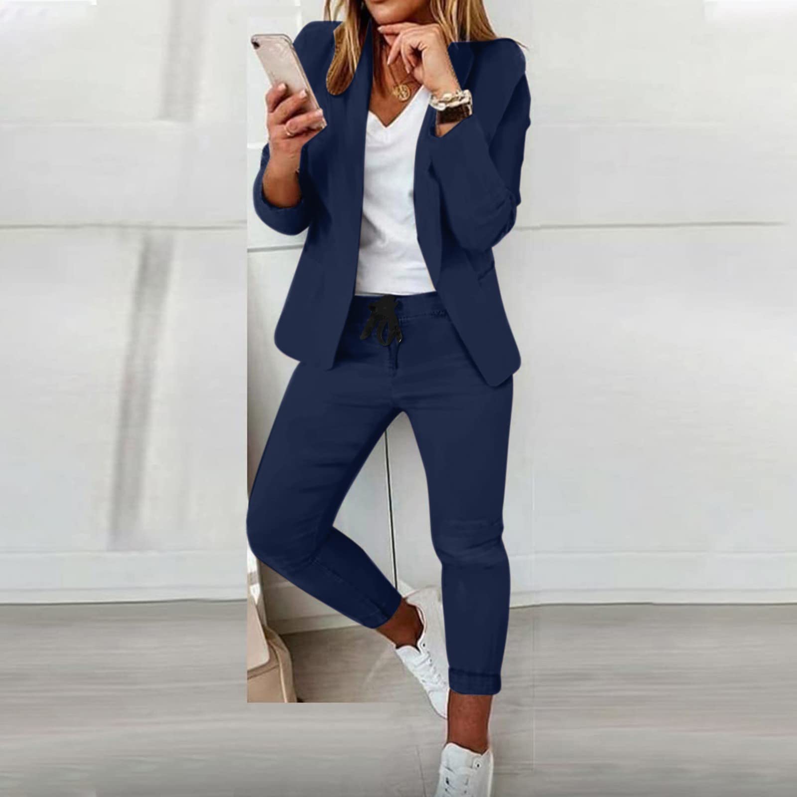 Generisch 2025 Traje de dos piezas para mujer, traje de oficina, negocios, chaqueta de manga larga, traje de pantalón, corte ajustado, traje de chaqueta para mujer, elegante, azul