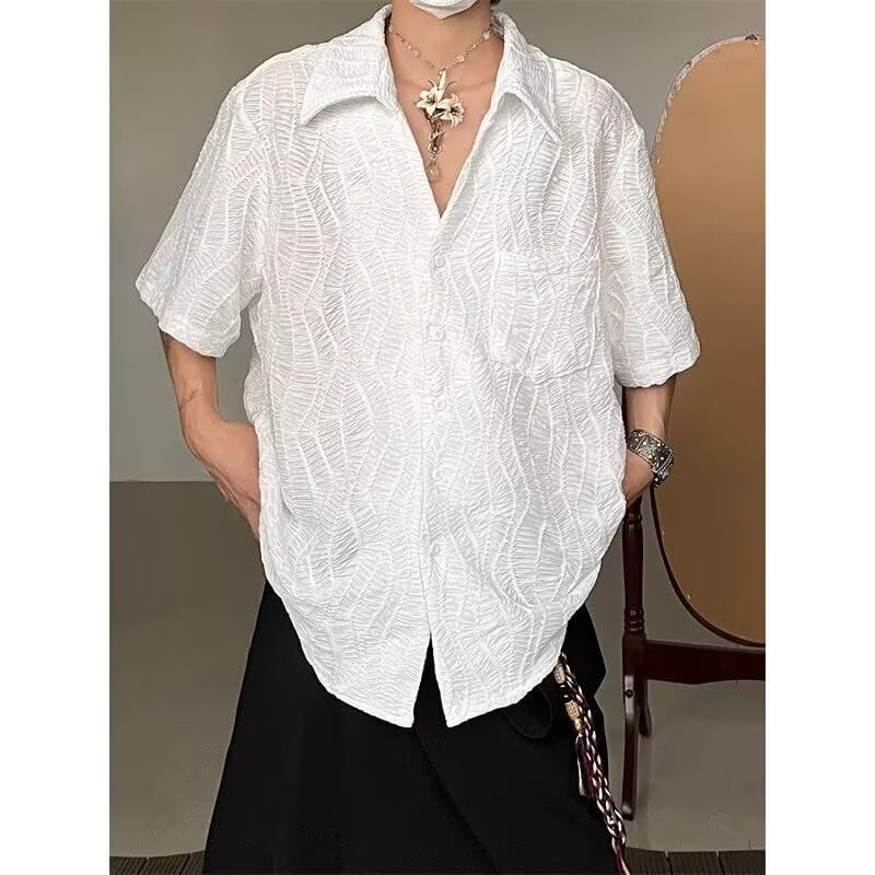 Men's Casual Button Down Shirts Jacquard Short Sleeve Solid Color Shirt Summer Beach Tops with Camp Collar2