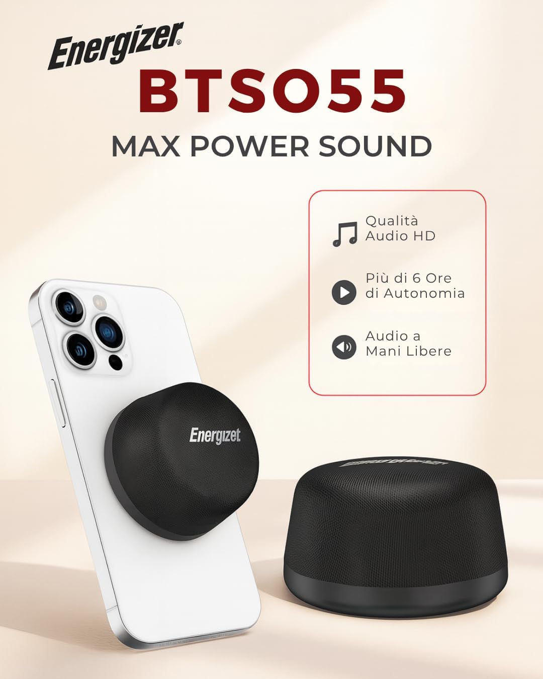 Energizer Magnetic Mini Bluetooth Speaker with Bypass Wireless Charger, 5W Powerful Sound, IPX6 Waterproof, TWS Stereo Pairing, Built-in Microphone, Compact Design for Outdoor and Indoor Use_BTS055 - Image 2