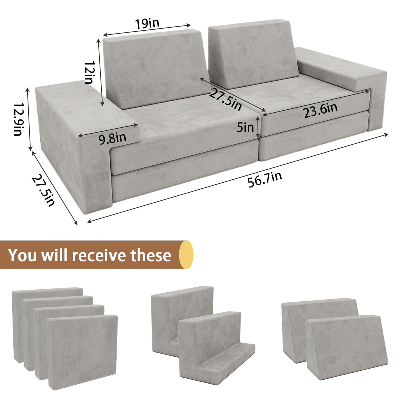 OETPJM 8Pcs Modular Kids Play Couch, Child Sectional Sofa Imaginative Furniture Play Set for Playroom Bedroom Living Room Convertible Foam and Floor Cushion for Boys and Girls