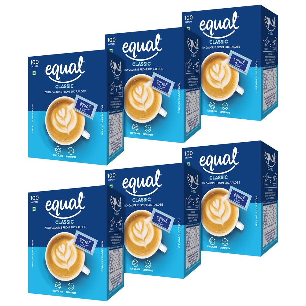 Equal Classic Zero Calorie Sweetener with #NOASPARTAME | Sugar Free Sweetener | Zero Calorie with Great Taste | 100 Sachets | Pack of 6