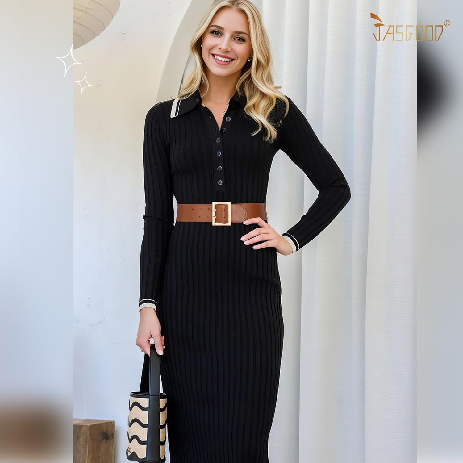 JASGOOD Women Wide Elastic Waist Belt for Dresses Fashion Gold Square Buckle Stretchy Leather Waistband for Ladies - Image 5