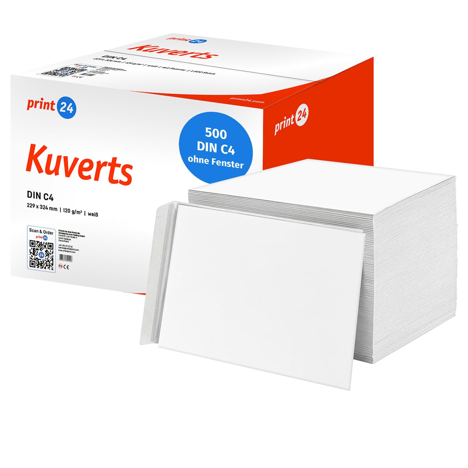 NOUVEAU : print24 Enveloppes sans fenêtre, DIN C4, non imprimées, 500 pièces