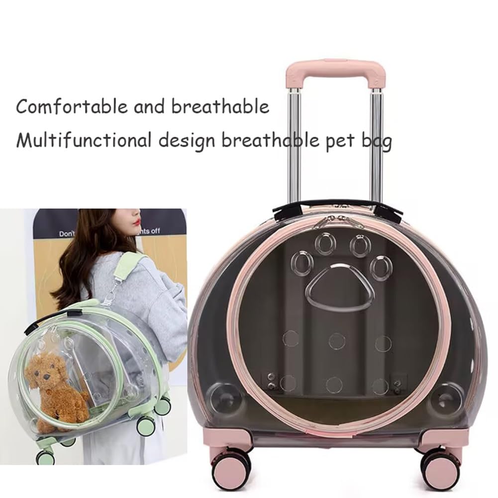 Transportín for Gatos con Ruedas,Mochila de Viaje portátil Plegable Transparente Perros y Gatos con asa telescópica,Carrito Mascotas,Bolsa de Gran Capacidad,cápsula Espacial Gatitos(Pink)