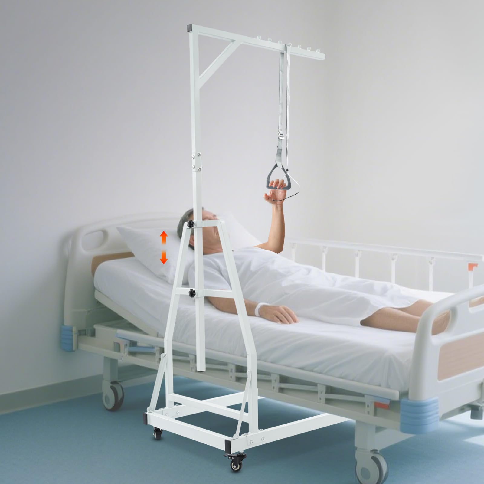 Barra trapezoidal para movilidad de la cama, barra de dominadas de alta resistencia con soporte de suelo, capacidad de carga de 150 kg, ayuda para levantarse, cama trapezoidal con ruedas universales