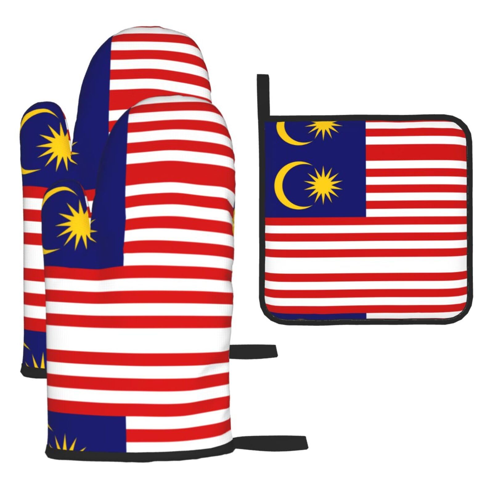 Malaysia Flag Oven mittens and oven mitts three-piece set suitable for oven, grilling, baking, microwave and home cooking.