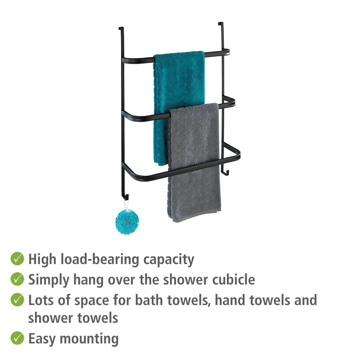 WENKO Porte Serviettes 3 Barres Irpinia | 2 Crochets supplémentaires | 3 Barres 54,5cm | sans perçage, à Suspendre sur Toutes Les Portes | Acier Noir Mat | 54,5x77,5x21,5cm