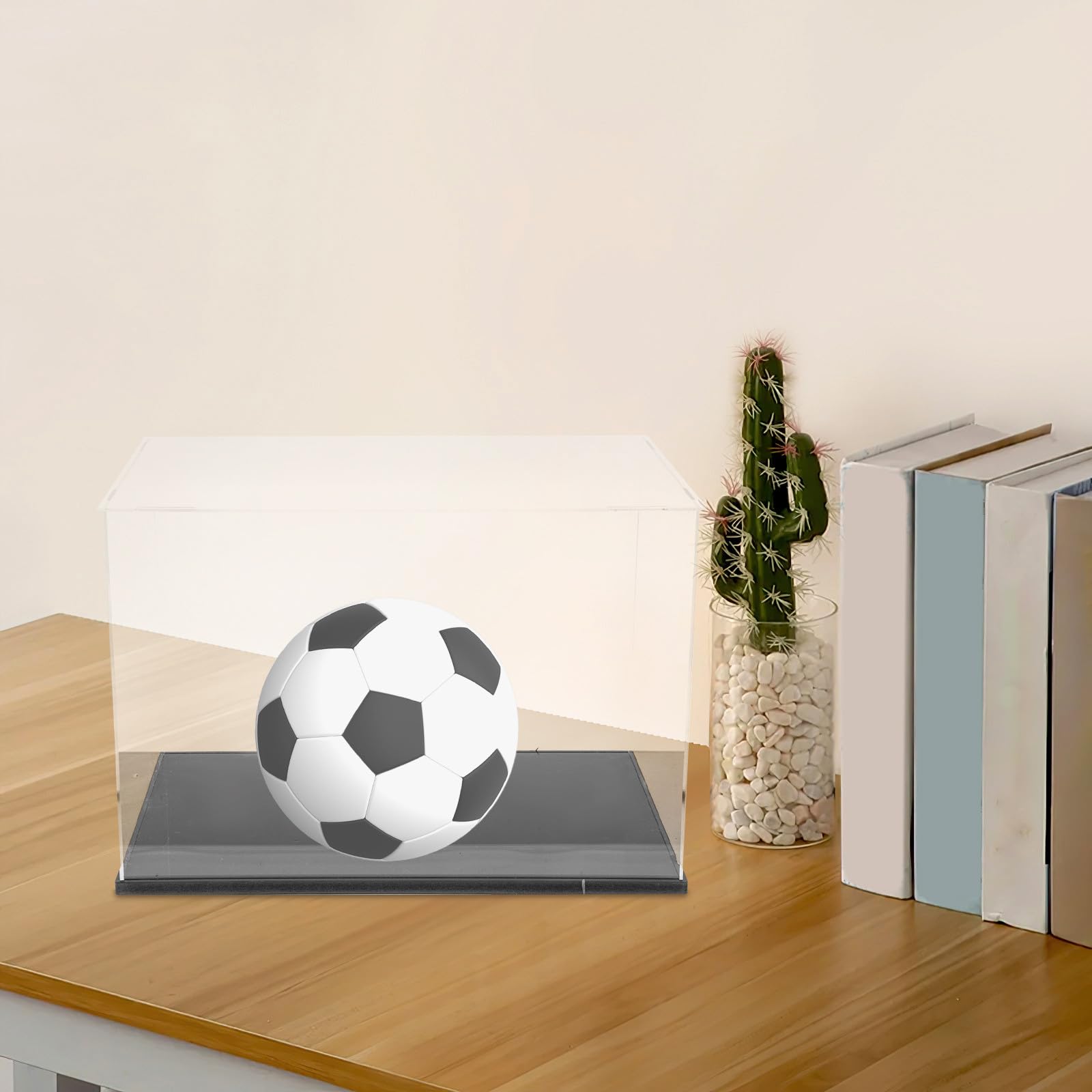 WOONEKY Caja Expositor Transparente para Fútbol con Soporte Negro Contenedor Apilable de Acrílico Resistente para Balones de Fútbol Estándar para Almacenamiento y Exhibición de