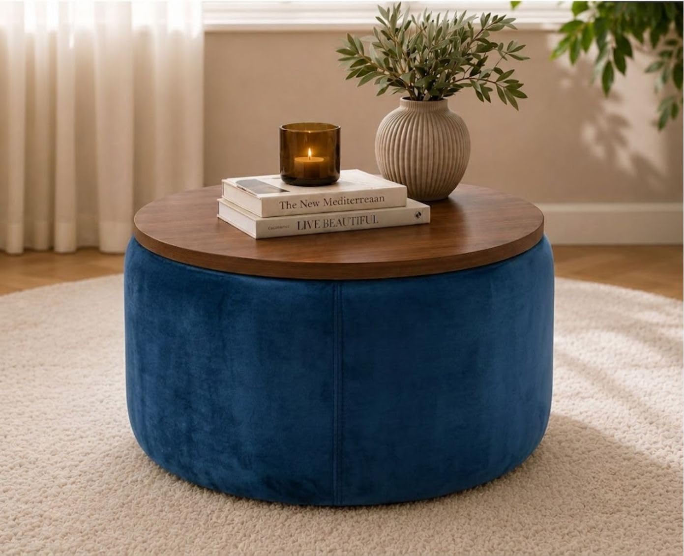 PREDELLA Round Storage Ottoman Coffee Table with Wooden Top (Blue Brown) | No Assembly Required-image-46