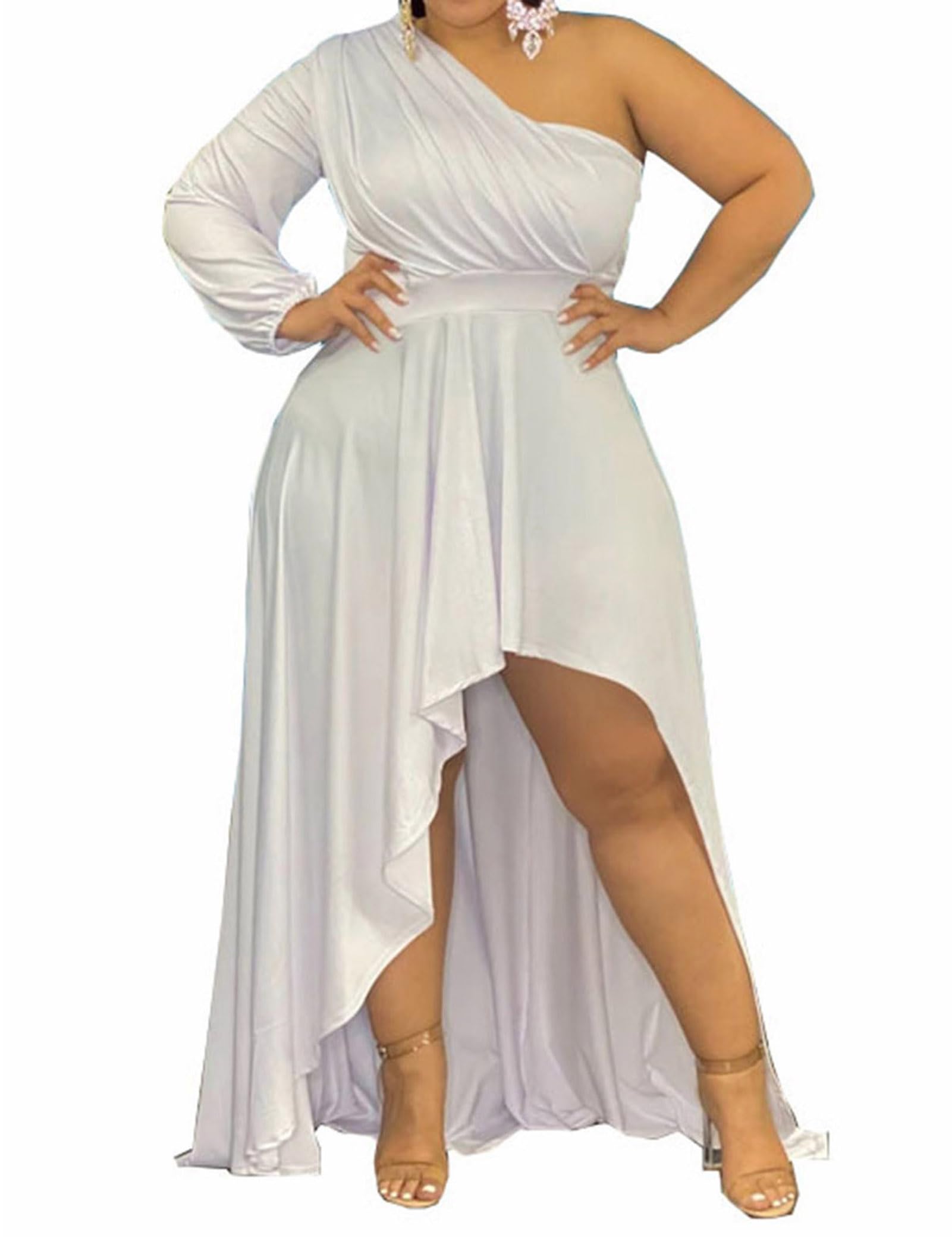 Ekaliy Women's Plus Size One Shoulder Maxi Irregular High Low Formal Dress | Stretchy fabric, high waist stretch waistband, ruffle side slit hem, single long sleeve, plus-size fit for cocktail events.