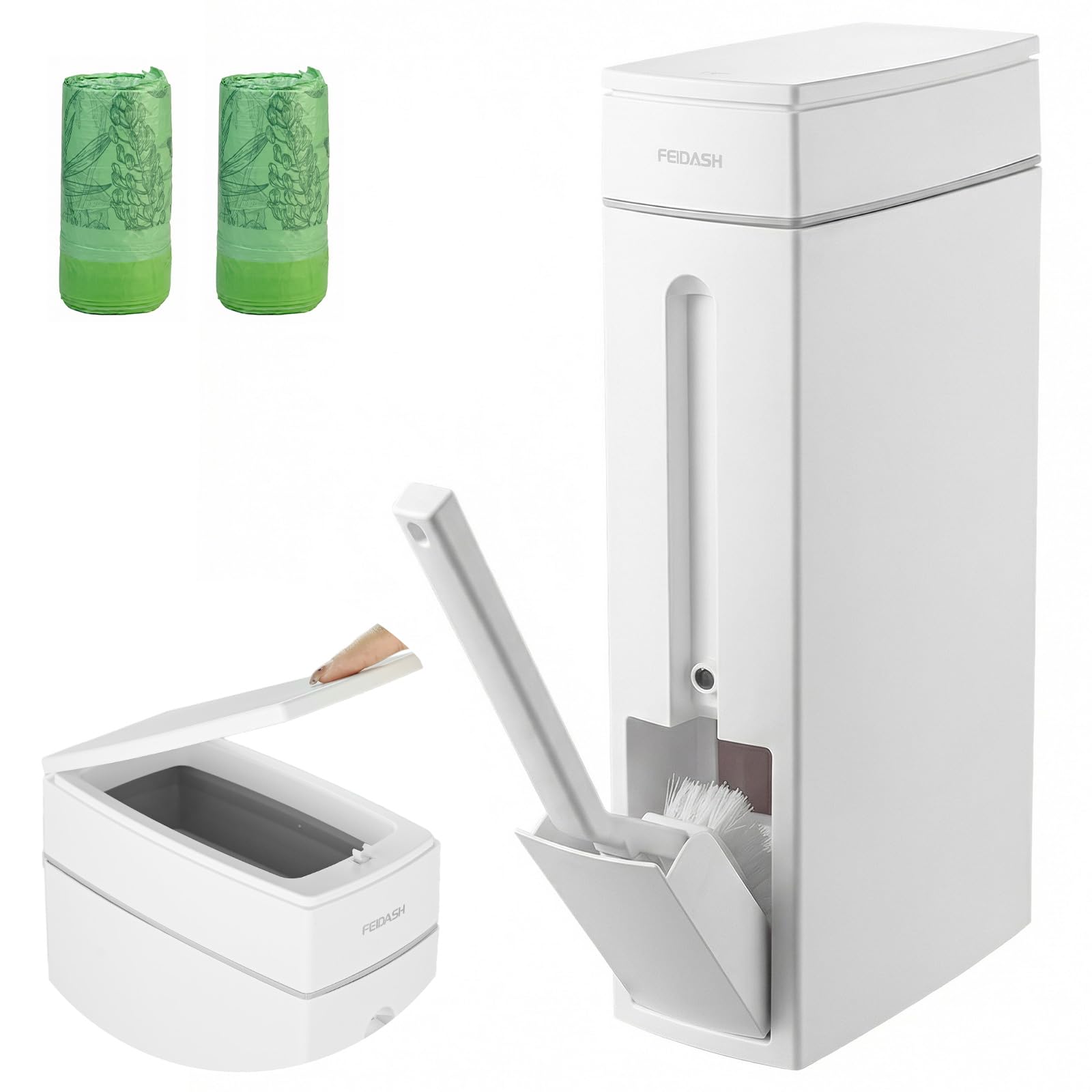 TW1TGOFT Slim Bathroom Bin with Lid - 4.5 L Toilet Bin with Lid, Toilet Brush & 120 Garbage Bags Waterproof Trash Can Push Button Plastic Bin for Small Spaces, Bedroom, Toilet - White