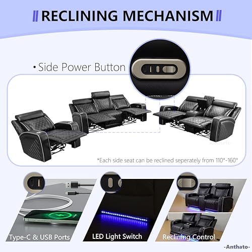 Miniatura 8 de Juego de sofá reclinable eléctrico, juego de sofá reclinable de cine en casa, sofá biplaza reclinable de cuero transpirable con Debut negro,Negro