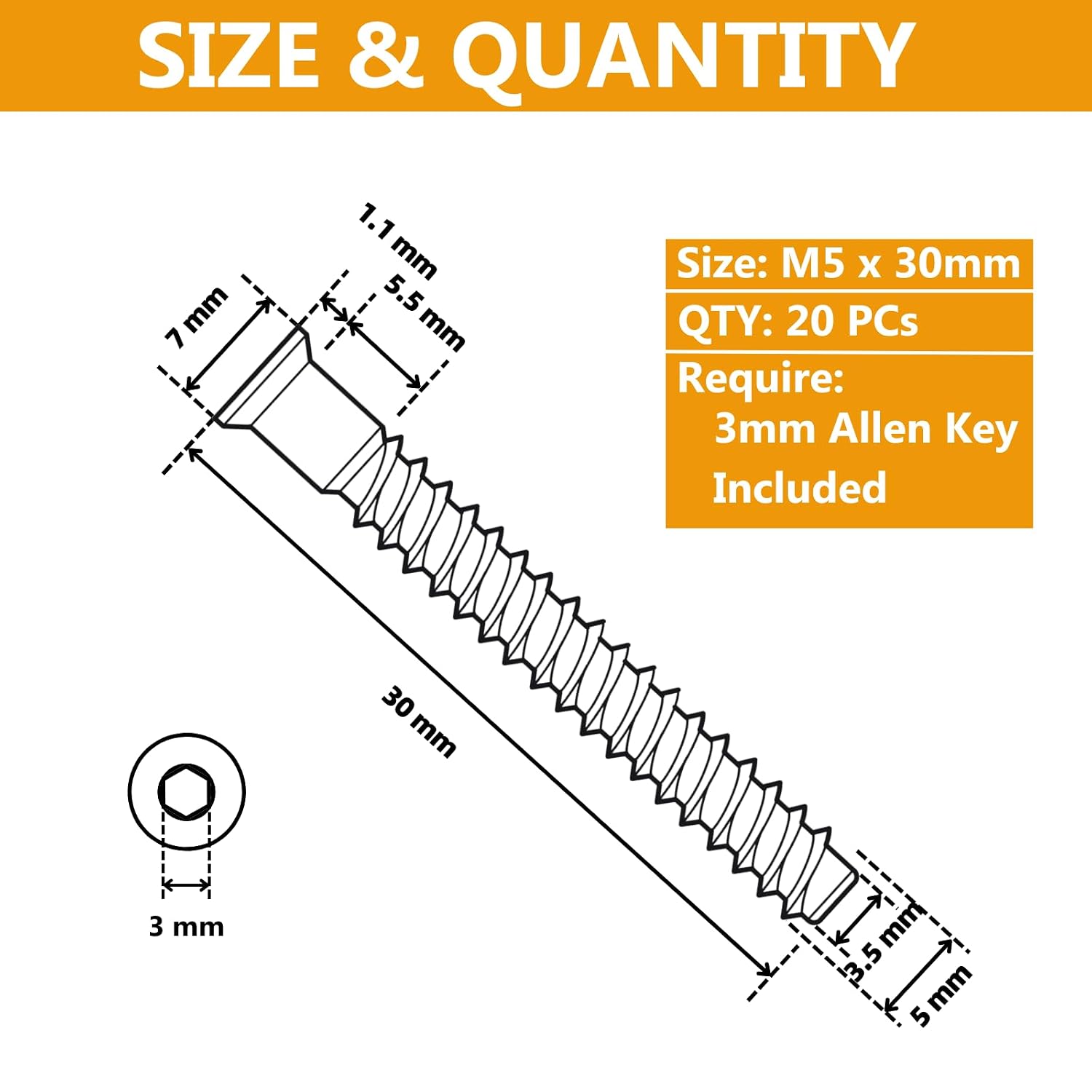 M5 x 30mm Confirmat Screws Black 20 PCs, Hex Socket Drive Countersunk Furniture Connecting Self-Tapping Screw Set Carbon Steel Zinc Plated
