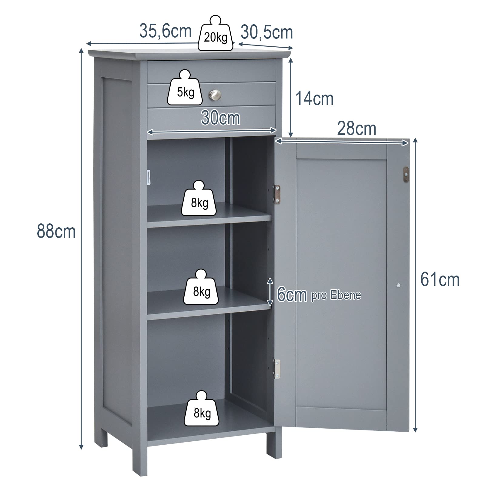 COSTWAY Badkamerkast, badkamerkast met deur en verstelbare plank, badkamerkast vrijstaand, houten opbergkast voor badkamer, woonkamer, 40 x 30 x 70 cm (zwart