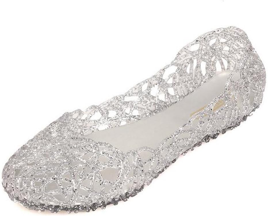 Women's Soft Hollow Jelly Beach Summer Flats Sandals, 5.5 UK, Silver