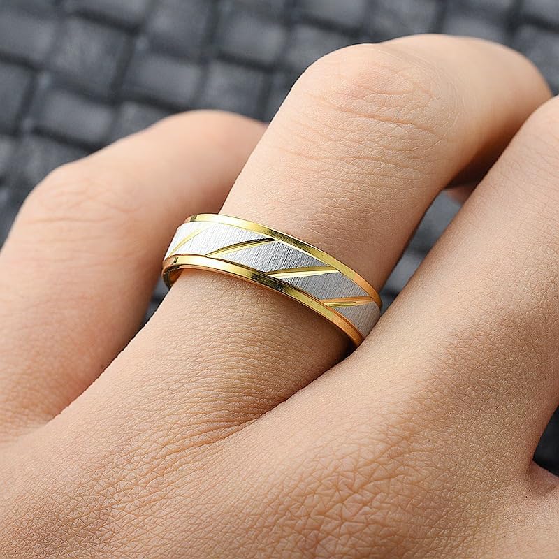 Image of Stainless Steel Couple Band Ring Set Matching Promise Couple Rings His and Her Groom Bride Anniversary Wedding Engagement Valentine Day Gift Engraved Striped Ring 6MM 4MM Comfort Fit Size 9