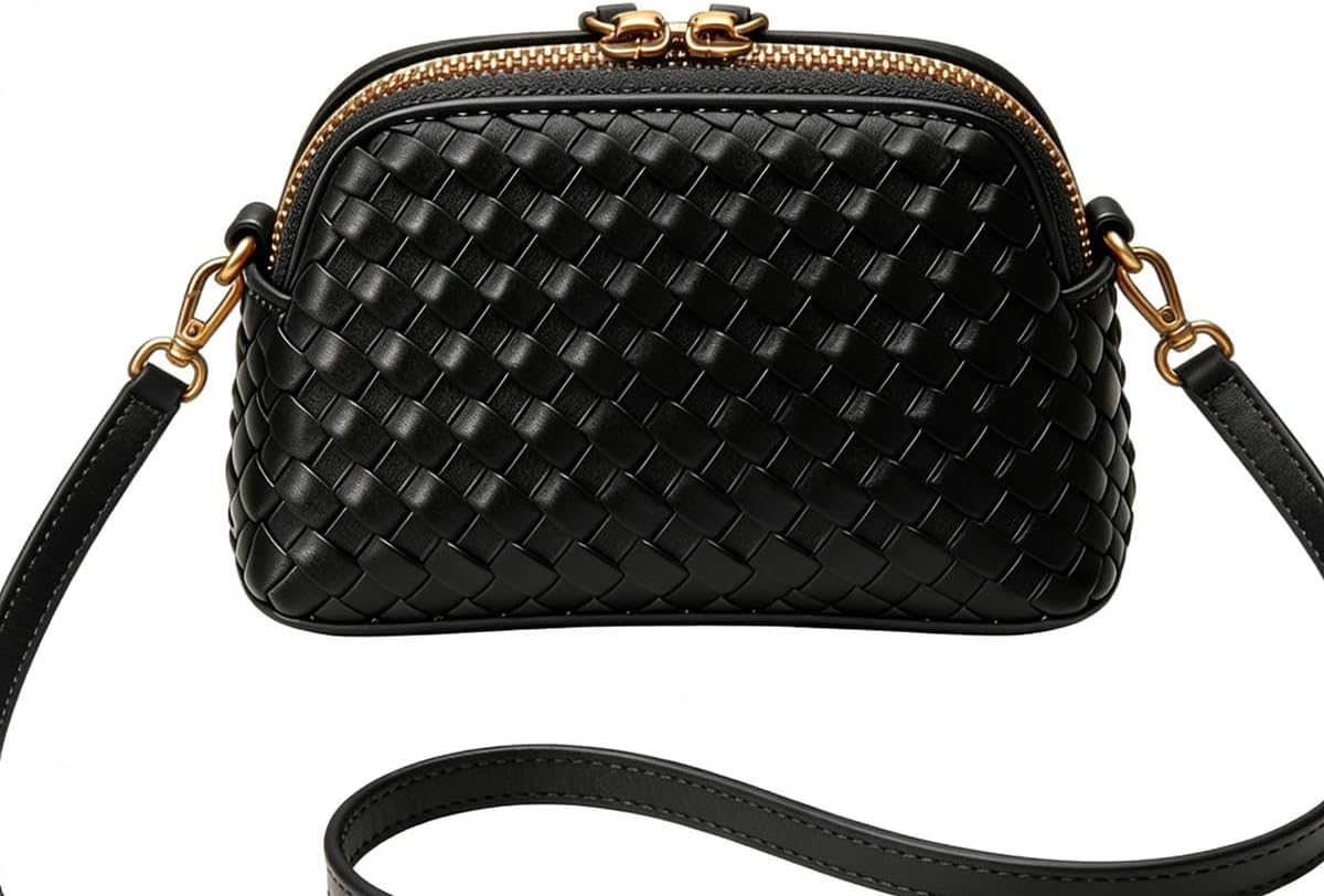 BaiYouDa Woven Crossbody Bags for Women PU Leather Small Shoulder Purse Travel Zipper Clutch Handbag with Adjustable Strap