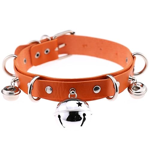 Leather Large Bell Rivets Neckband Silver-tone Bell & Orange Choker Necklace