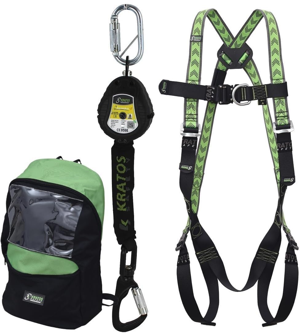 Kratos Safety Hubsteiger Sicherheitsset, Fallschutz-Set mit Gurt EN361, Höhensicherungsgerät, Rucksack, PSA