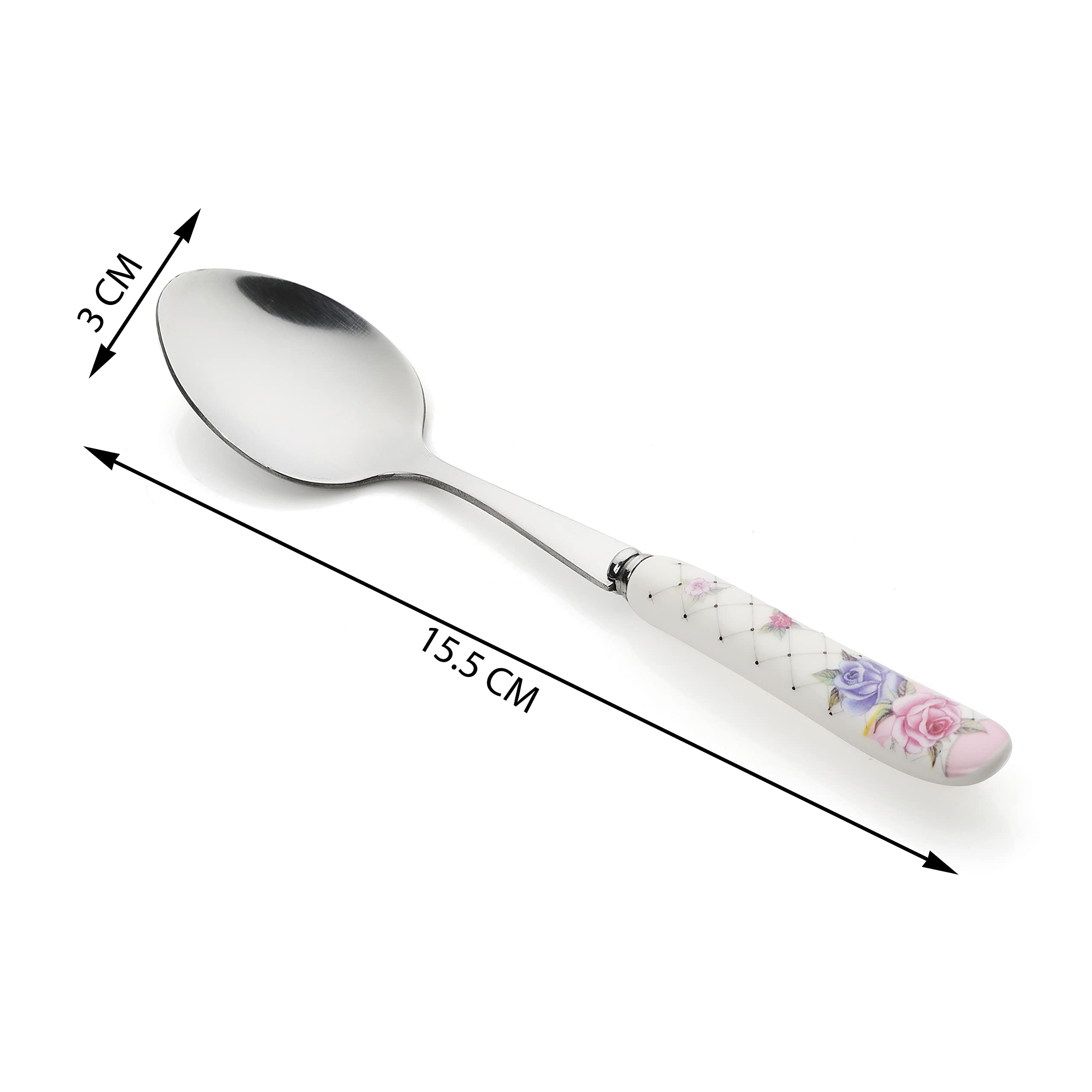 MGeezz Floral Stainless Steel Spoons Set Home & Restaurant Dinner Table Spoon With Ceramic Handle Chamach (Floral Small Spoons,Set Of 6), 23 Centimeters