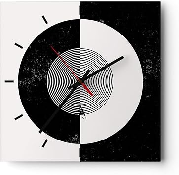 Modern Wall Clock Abstract Wheel Black and White 40 x 40 cm Square Large Wall Clock Glass Analogue Room Clocks Kitchen Office Living Room Glass Clock Wall Clock Decoration Design Wall Decoration