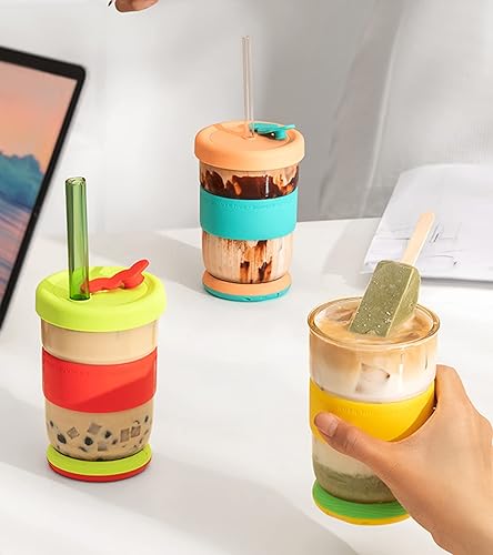 Miniatura 6 de TKK Vaso de vidrio con popote y tapa, reutilizable, de 15 onzas, taza de café helado, boca ancha, taza Boba, vaso de té con burbujas, vaso para